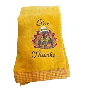 Thanksgiving Harvest Embroidered "Give Thanks" Yellow Kitchen Towel By Harvest